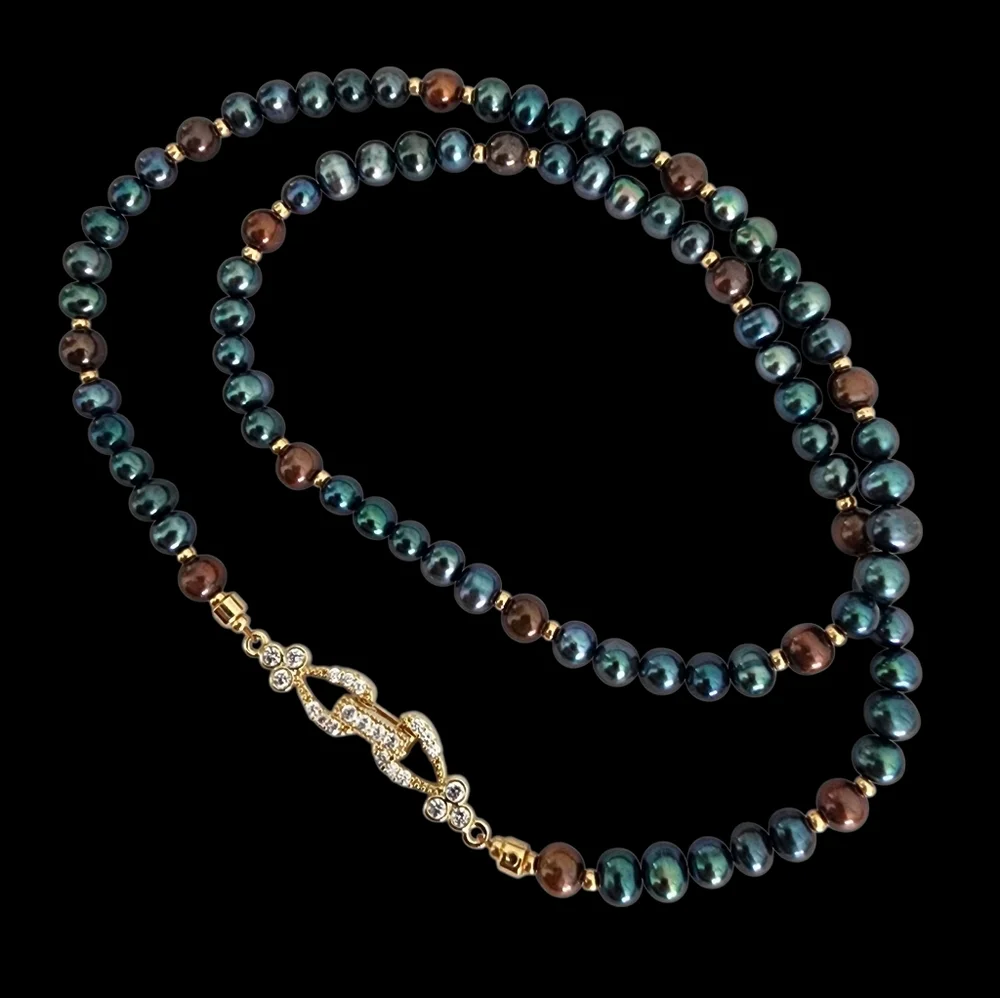 Vintage pearl necklace gold filigree clasp blue brown baby pearls A0215 -Q5 -Q2